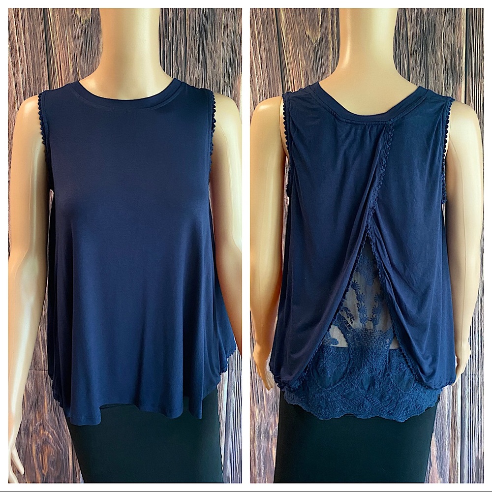 Altar’d State dark navy blue soft floral lace flowy tank small blouse